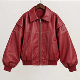 burgundy leather

sheepskin jacket

oversized bomber

womens leather coat

red bomber jacket

contrast stitching

genuine leather

balloon sleeve

leather streetwear

vintage bomber

womens moto jacket

burgundy jacket

leather outerwear