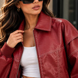 burgundy leather

sheepskin jacket

oversized bomber

womens leather coat

red bomber jacket

contrast stitching

genuine leather

balloon sleeve

leather streetwear

vintage bomber

womens moto jacket

burgundy jacket

leather outerwear