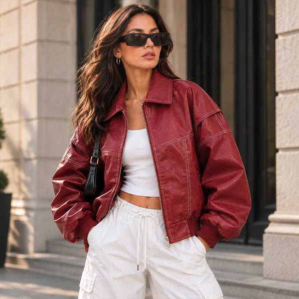 burgundy leather

sheepskin jacket

oversized bomber

womens leather coat

red bomber jacket

contrast stitching

genuine leather

balloon sleeve

leather streetwear

vintage bomber

womens moto jacket

burgundy jacket

leather outerwear