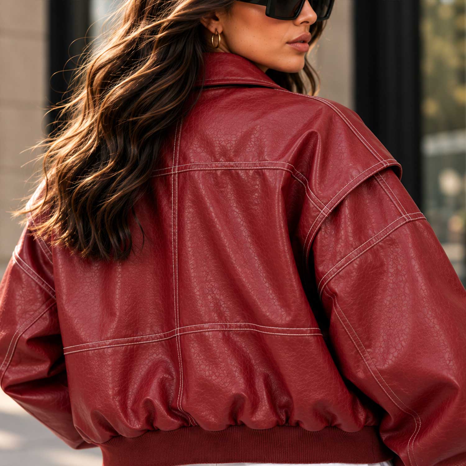 burgundy leather

sheepskin jacket

oversized bomber

womens leather coat

red bomber jacket

contrast stitching

genuine leather

balloon sleeve

leather streetwear

vintage bomber

womens moto jacket

burgundy jacket

leather outerwear