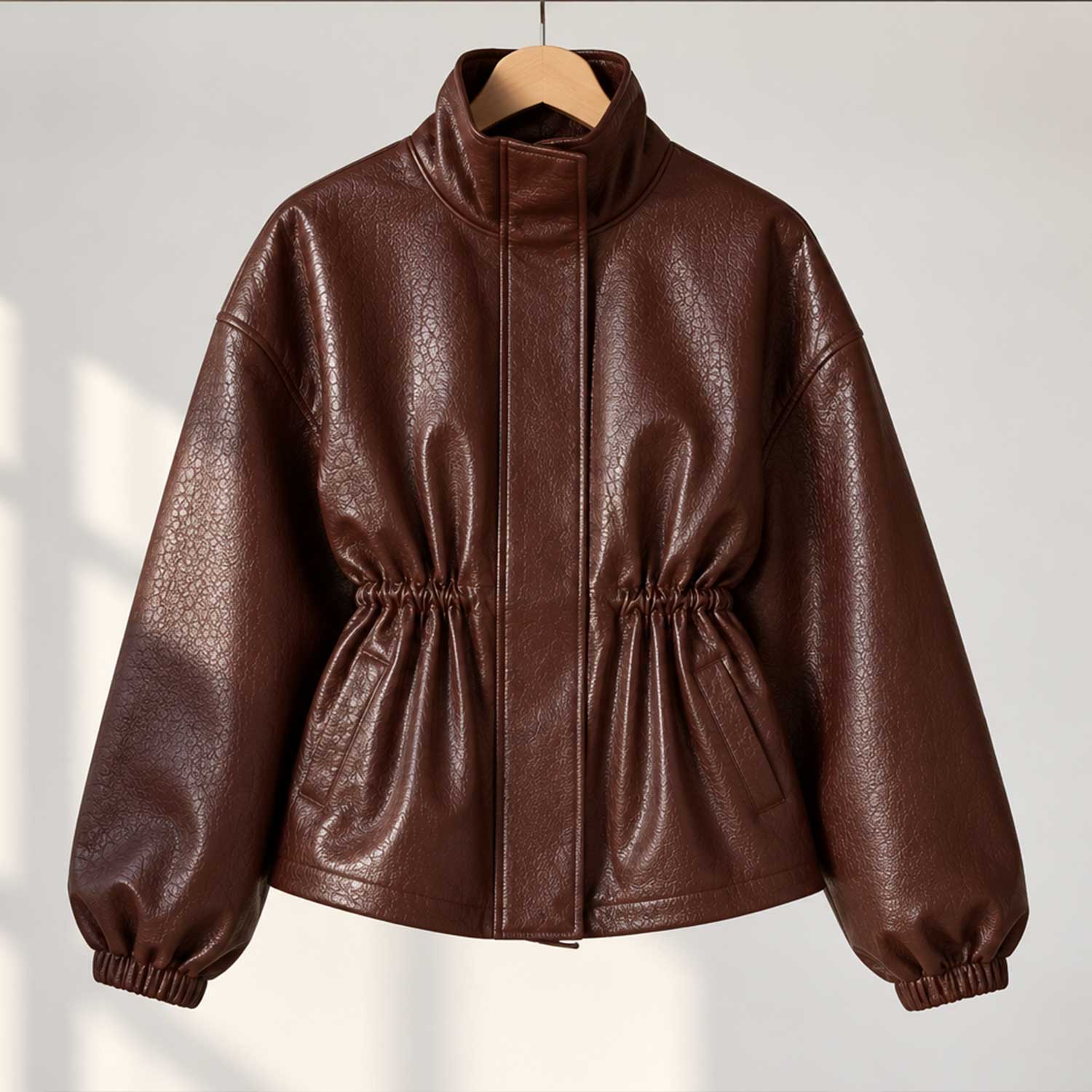 burgundy leather

sheepskin jacket

womens leather coat

cinched waist

funnel neck jacket

oversized jacket

genuine sheepskin

ruched waist

balloon sleeve

leather outerwear

wine red jacket

drawstring jacket

womens fall jacket