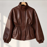 burgundy leather

sheepskin jacket

womens leather coat

cinched waist

funnel neck jacket

oversized jacket

genuine sheepskin

ruched waist

balloon sleeve

leather outerwear

wine red jacket

drawstring jacket

womens fall jacket
