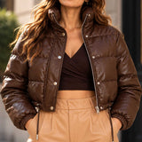 brown puffer jacket

leather puffer coat

cropped puffer

chocolate brown

womens bomber

quilted jacket

high neck jacket

brown leather coat

cropped leather

womens outerwear

winter streetwear

padded bomber

short puffer coat