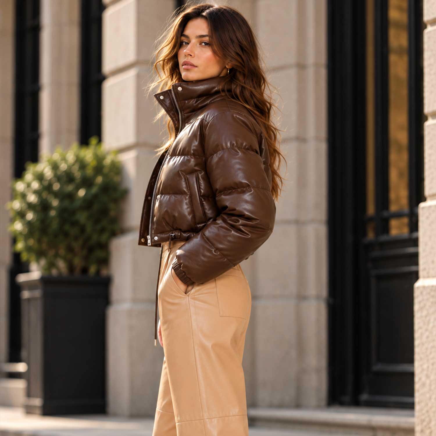 brown puffer jacket

leather puffer coat

cropped puffer

chocolate brown

womens bomber

quilted jacket

high neck jacket

brown leather coat

cropped leather

womens outerwear

winter streetwear

padded bomber

short puffer coat
