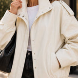 sheepskin jacket, leather cocoon, ivory leather coat, oversized jacket, funnel neck coat, leather bomber, cream leather coat, womens outerwear, high neck jacket, relaxed fit coat, off white jacket, utility jacket, minimalist jacket