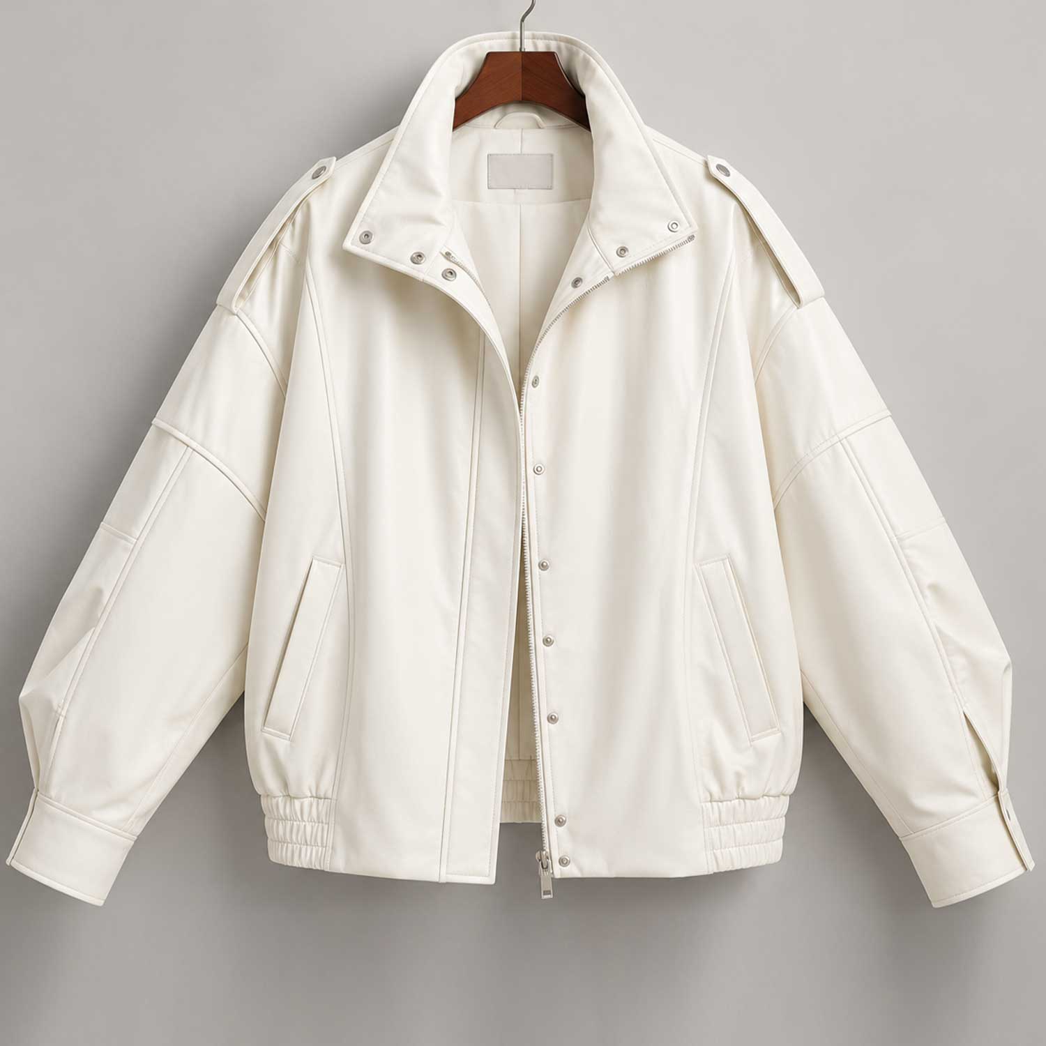 sheepskin jacket, leather cocoon, ivory leather coat, oversized jacket, funnel neck coat, leather bomber, cream leather coat, womens outerwear, high neck jacket, relaxed fit coat, off white jacket, utility jacket, minimalist jacket