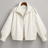 sheepskin jacket, leather cocoon, ivory leather coat, oversized jacket, funnel neck coat, leather bomber, cream leather coat, womens outerwear, high neck jacket, relaxed fit coat, off white jacket, utility jacket, minimalist jacket