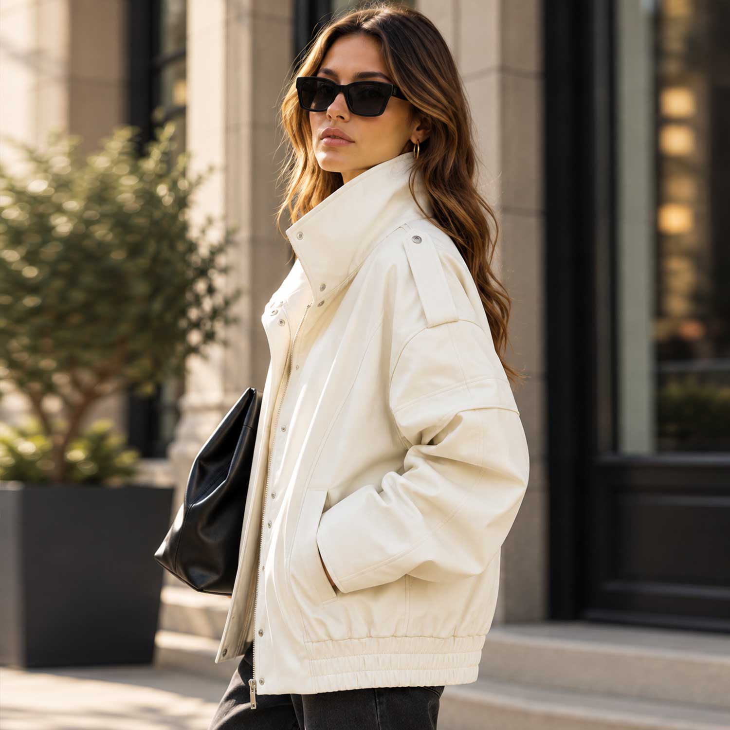 sheepskin jacket, leather cocoon, ivory leather coat, oversized jacket, funnel neck coat, leather bomber, cream leather coat, womens outerwear, high neck jacket, relaxed fit coat, off white jacket, utility jacket, minimalist jacket