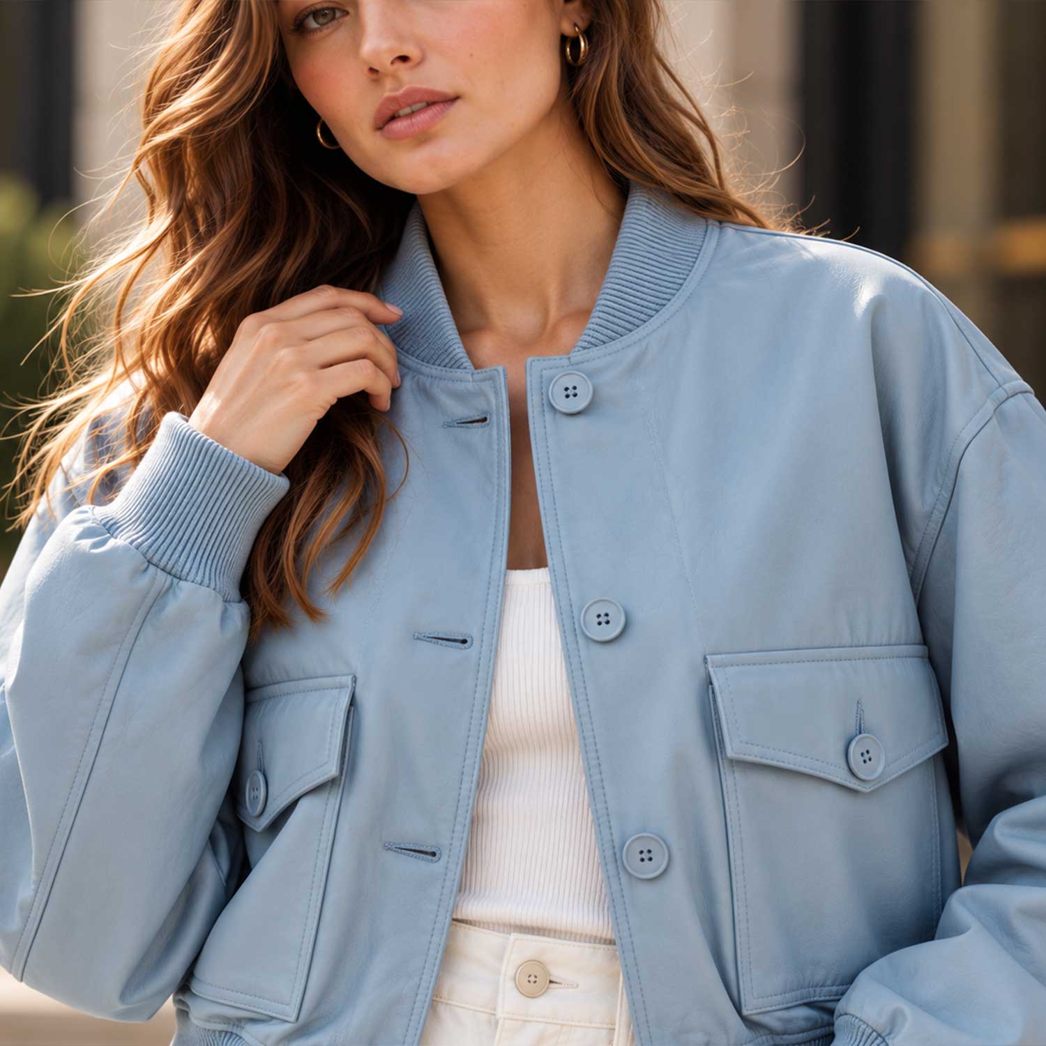 sheepskin jacket, leather bomber, blue leather jacket, womens bomber, cropped bomber, button up jacket, genuine leather, pastel blue jacket, varsity jacket, leather outerwear, flap pocket jacket, womens leather coat, streetwear jacket