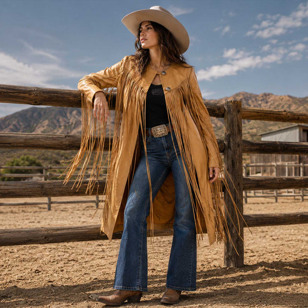 fringe leather coat
leather duster
western jacket
cowgirl coat
sheep leather
fringe jacket
western fashion
boho leather
ranch style
country outfit
gift for her
long leather coat
luxury jacket