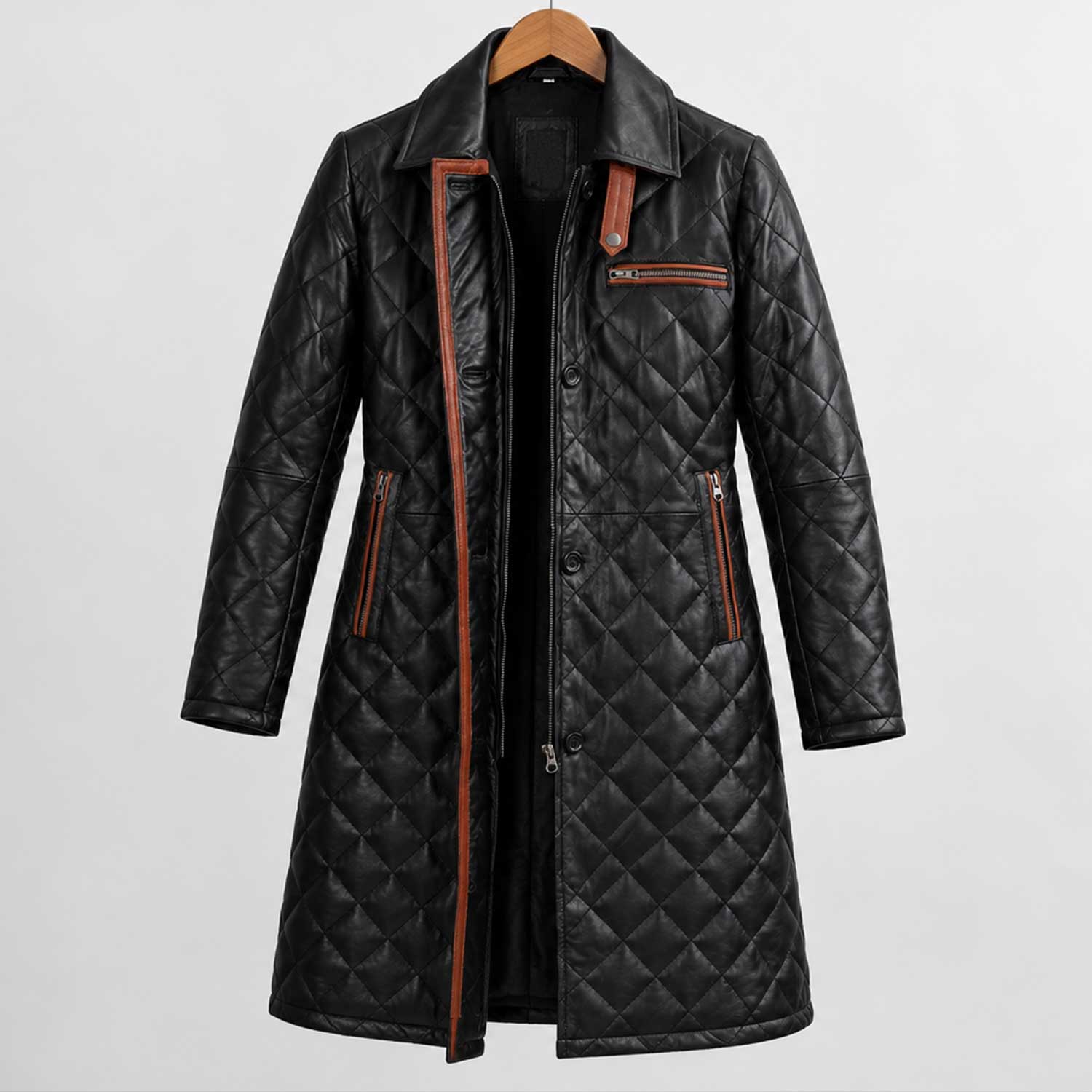 black leather coat, quilted leather, lambskin coat, womens leather coat, long leather coat, leather car coat, diamond quilt coat, genuine leather, black quilted coat, womens winter coat, leather outerwear, brown trim coat, luxury leather coat