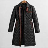 black leather coat, quilted leather, lambskin coat, womens leather coat, long leather coat, leather car coat, diamond quilt coat, genuine leather, black quilted coat, womens winter coat, leather outerwear, brown trim coat, luxury leather coat