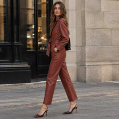 leather jumpsuit, brown jumpsuit, sheepskin leather, womens jumpsuit, belted jumpsuit, genuine leather, leather one piece, brown leather, leather outfit, womens leather, statement outfit, leather fashion, leather romper