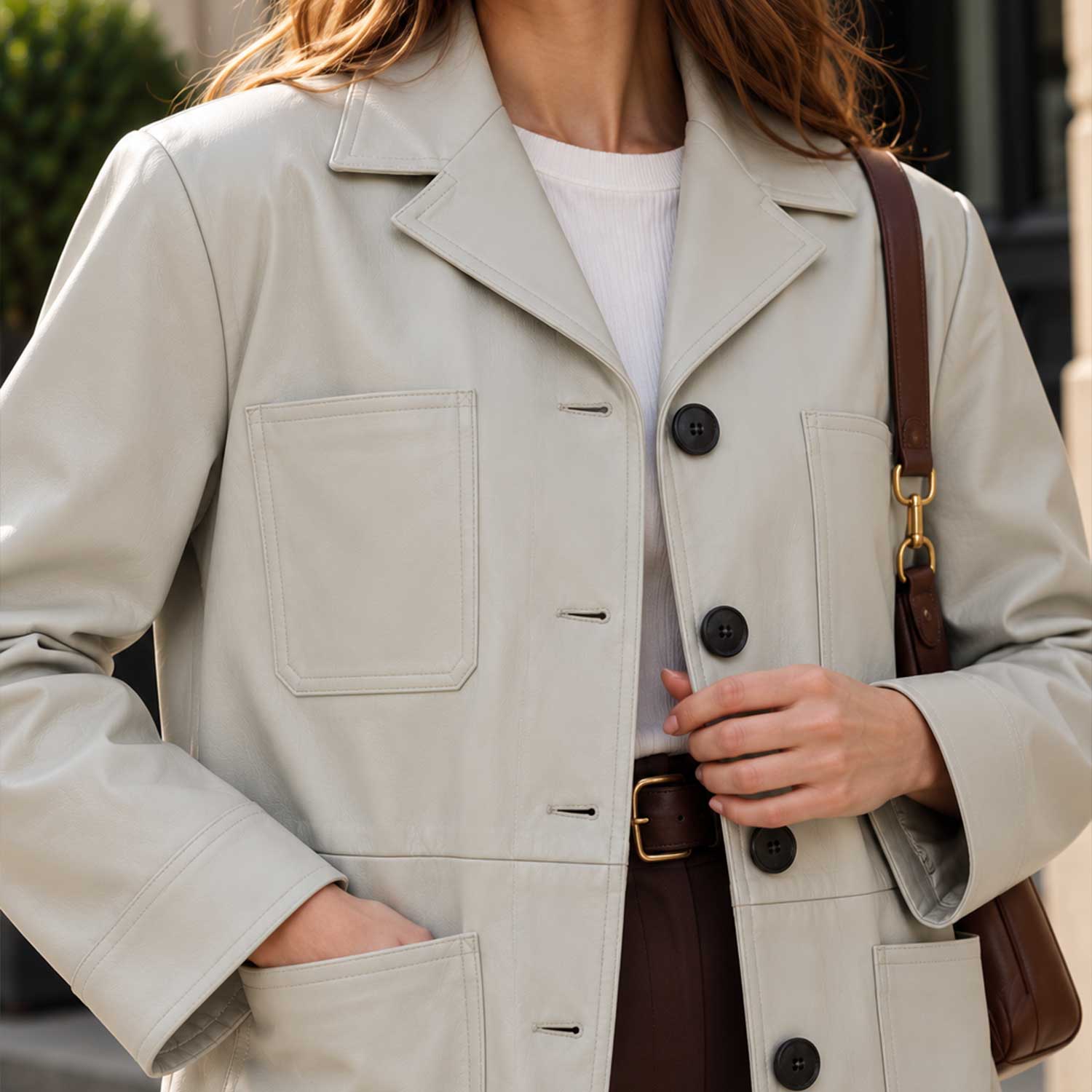 leather chore coat
sheepskin coat
grey leather coat
womens leather coat
leather blazer
four pocket jacket
genuine leather
button front coat
leather jacket
minimalist coat
womens chore jacket
grey leather blazer
casual leather coat