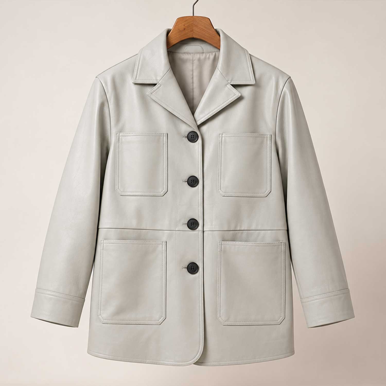 leather chore coat
sheepskin coat
grey leather coat
womens leather coat
leather blazer
four pocket jacket
genuine leather
button front coat
leather jacket
minimalist coat
womens chore jacket
grey leather blazer
casual leather coat
