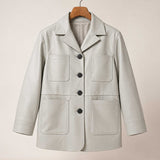 leather chore coat
sheepskin coat
grey leather coat
womens leather coat
leather blazer
four pocket jacket
genuine leather
button front coat
leather jacket
minimalist coat
womens chore jacket
grey leather blazer
casual leather coat