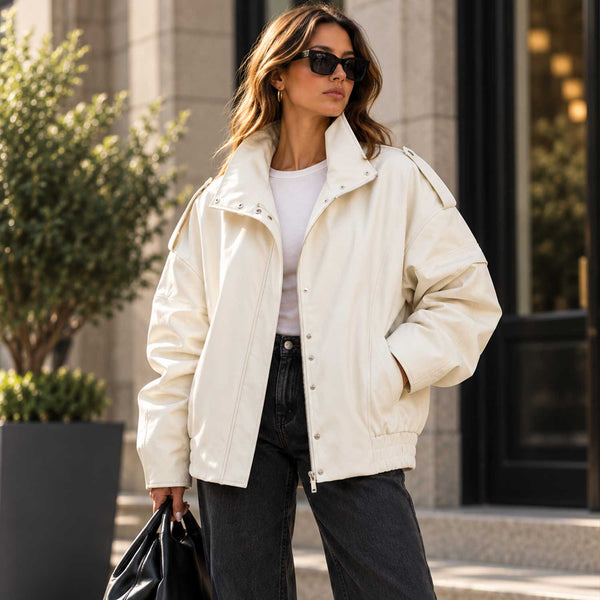 sheepskin jacket, leather cocoon, ivory leather coat, oversized jacket, funnel neck coat, leather bomber, cream leather coat, womens outerwear, high neck jacket, relaxed fit coat, off white jacket, utility jacket, minimalist jacket