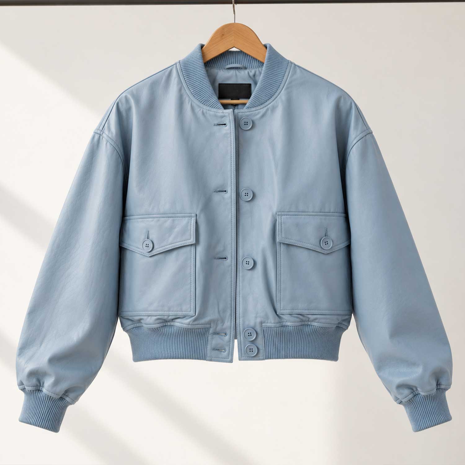 sheepskin jacket, leather bomber, blue leather jacket, womens bomber, cropped bomber, button up jacket, genuine leather, pastel blue jacket, varsity jacket, leather outerwear, flap pocket jacket, womens leather coat, streetwear jacket