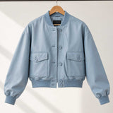 sheepskin jacket, leather bomber, blue leather jacket, womens bomber, cropped bomber, button up jacket, genuine leather, pastel blue jacket, varsity jacket, leather outerwear, flap pocket jacket, womens leather coat, streetwear jacket