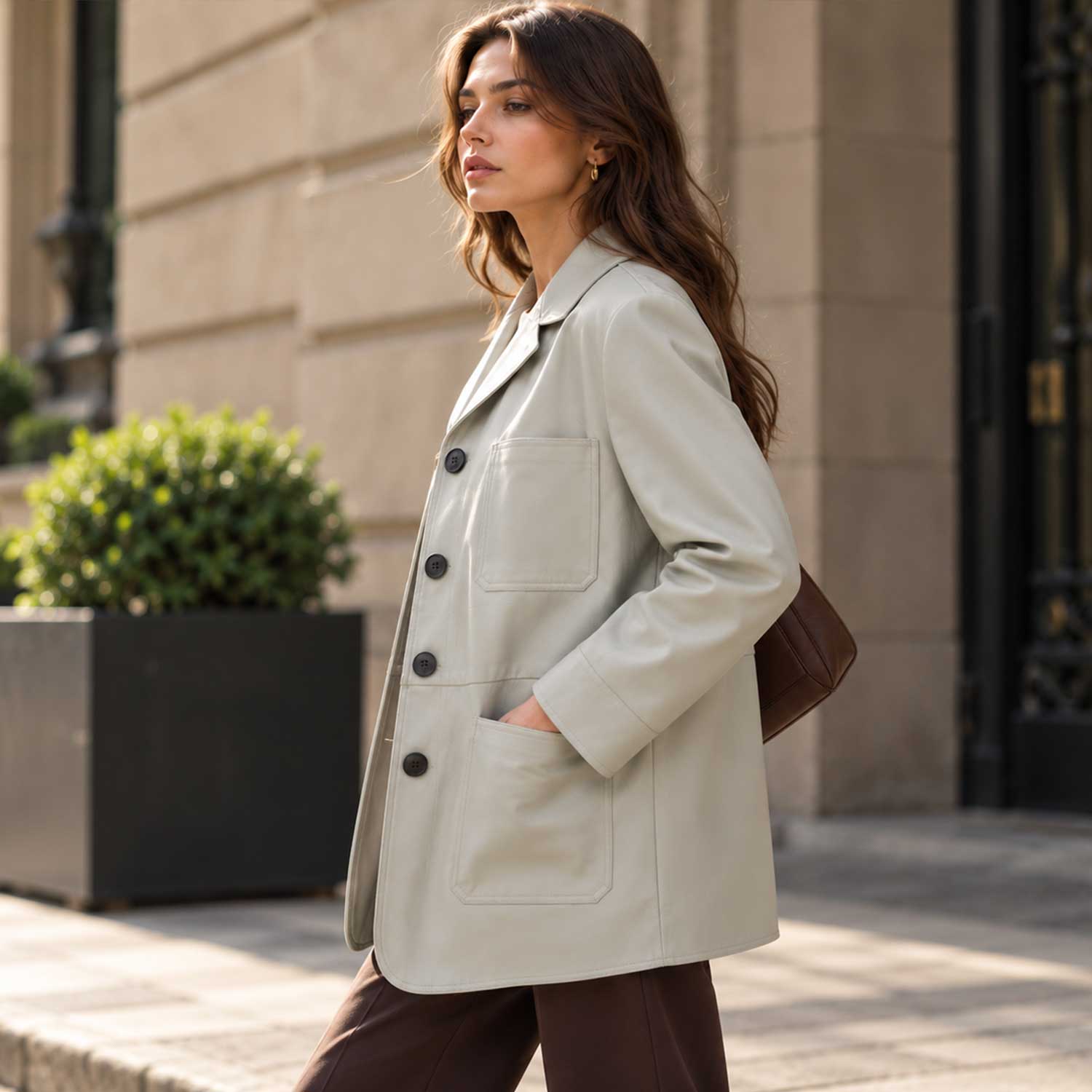 leather chore coat
sheepskin coat
grey leather coat
womens leather coat
leather blazer
four pocket jacket
genuine leather
button front coat
leather jacket
minimalist coat
womens chore jacket
grey leather blazer
casual leather coat