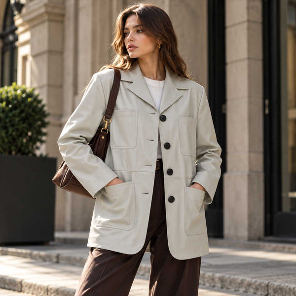 leather chore coat
sheepskin coat
grey leather coat
womens leather coat
leather blazer
four pocket jacket
genuine leather
button front coat
leather jacket
minimalist coat
womens chore jacket
grey leather blazer
casual leather coat
