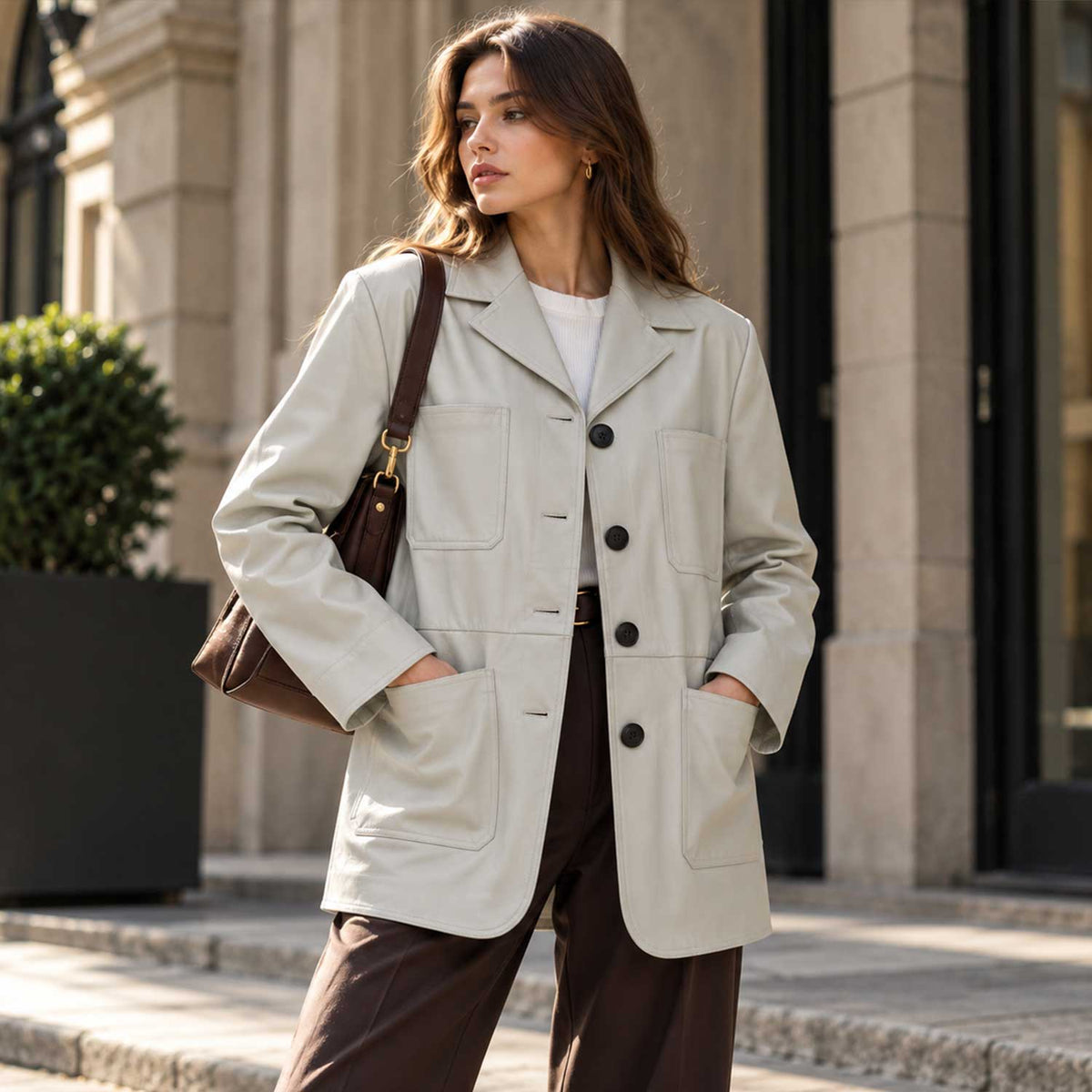 leather chore coat
sheepskin coat
grey leather coat
womens leather coat
leather blazer
four pocket jacket
genuine leather
button front coat
leather jacket
minimalist coat
womens chore jacket
grey leather blazer
casual leather coat