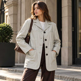 leather chore coat
sheepskin coat
grey leather coat
womens leather coat
leather blazer
four pocket jacket
genuine leather
button front coat
leather jacket
minimalist coat
womens chore jacket
grey leather blazer
casual leather coat