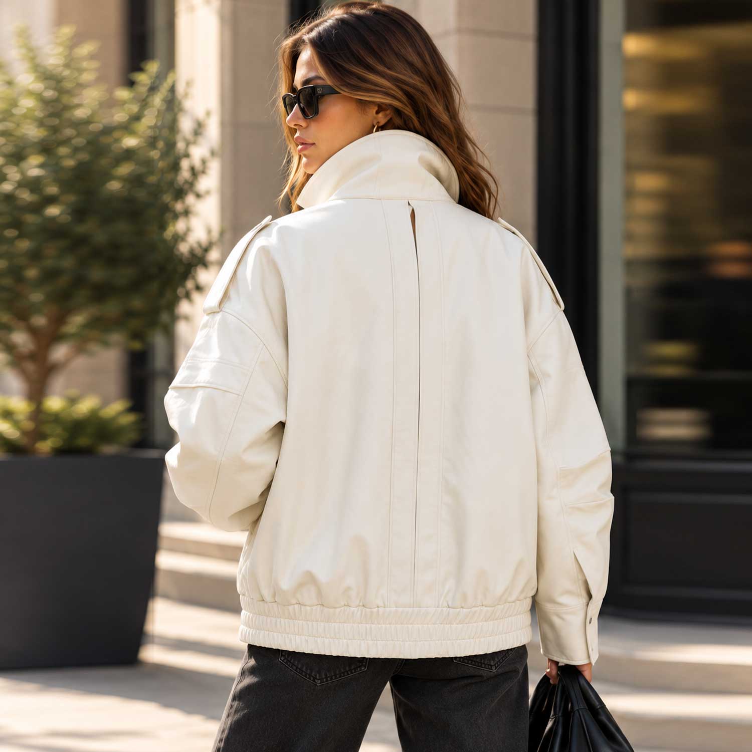 sheepskin jacket, leather cocoon, ivory leather coat, oversized jacket, funnel neck coat, leather bomber, cream leather coat, womens outerwear, high neck jacket, relaxed fit coat, off white jacket, utility jacket, minimalist jacket