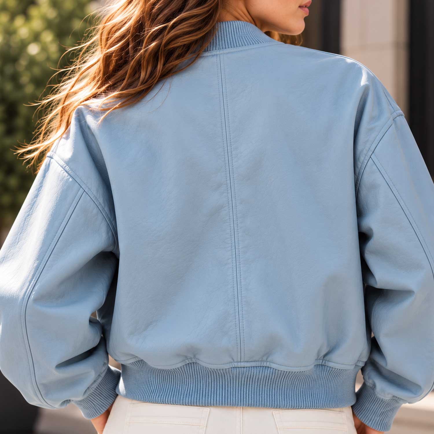 sheepskin jacket, leather bomber, blue leather jacket, womens bomber, cropped bomber, button up jacket, genuine leather, pastel blue jacket, varsity jacket, leather outerwear, flap pocket jacket, womens leather coat, streetwear jacket