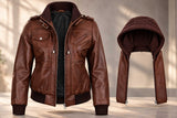 leather bomber, lambskin jacket, brown leather, cognac jacket, hooded leather, removable hood, womens bomber, genuine leather, leather outerwear, bomber jacket, brown bomber, leather gift, casual leather