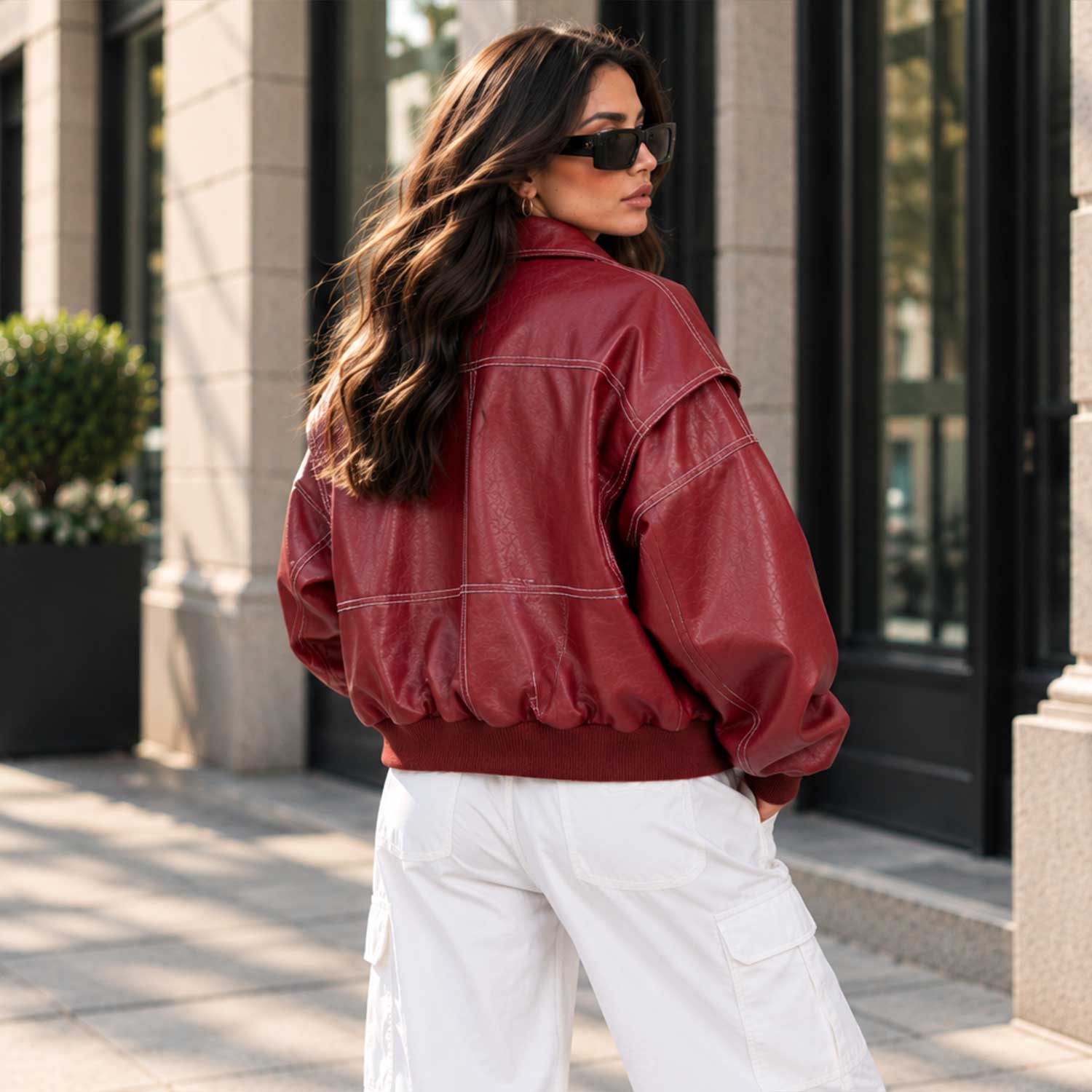 burgundy leather

sheepskin jacket

oversized bomber

womens leather coat

red bomber jacket

contrast stitching

genuine leather

balloon sleeve

leather streetwear

vintage bomber

womens moto jacket

burgundy jacket

leather outerwear