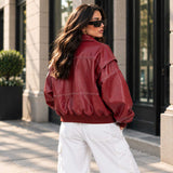 burgundy leather

sheepskin jacket

oversized bomber

womens leather coat

red bomber jacket

contrast stitching

genuine leather

balloon sleeve

leather streetwear

vintage bomber

womens moto jacket

burgundy jacket

leather outerwear