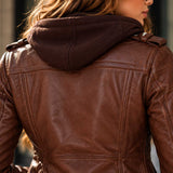 leather bomber, lambskin jacket, brown leather, cognac jacket, hooded leather, removable hood, womens bomber, genuine leather, leather outerwear, bomber jacket, brown bomber, leather gift, casual leather