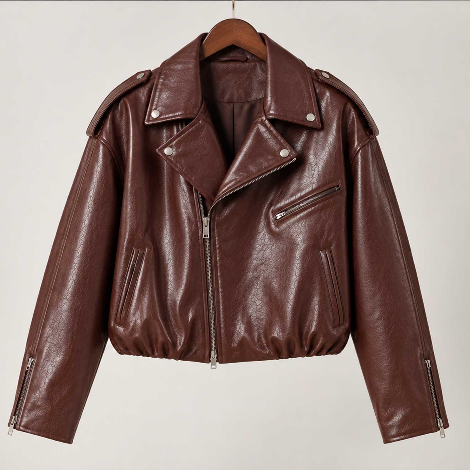 burgundy jacket
leather biker
sheepskin jacket
womens leather
bubble hem jacket
burgundy leather
biker jacket
genuine leather
womens biker
leather outerwear
moto jacket