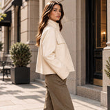 Women’s Cream Leather Funnel Neck Jacket – Fitted High Neck Zip Jacket