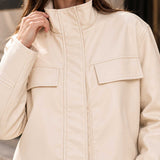 Women’s Cream Leather Funnel Neck Jacket – Fitted High Neck Zip Jacket