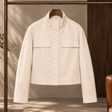 Women’s Cream Leather Funnel Neck Jacket – Fitted High Neck Zip Jacket