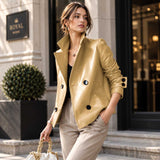 sheepskin jacket
womens leather
beige leather
leather jacket
beige jacket
genuine leather
notched collar
button jacket
leather blazer
womens outerwear
neutral jacket