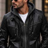SaltCo Veyrano Black Shearling Leather Hooded Biker Jacket for Men