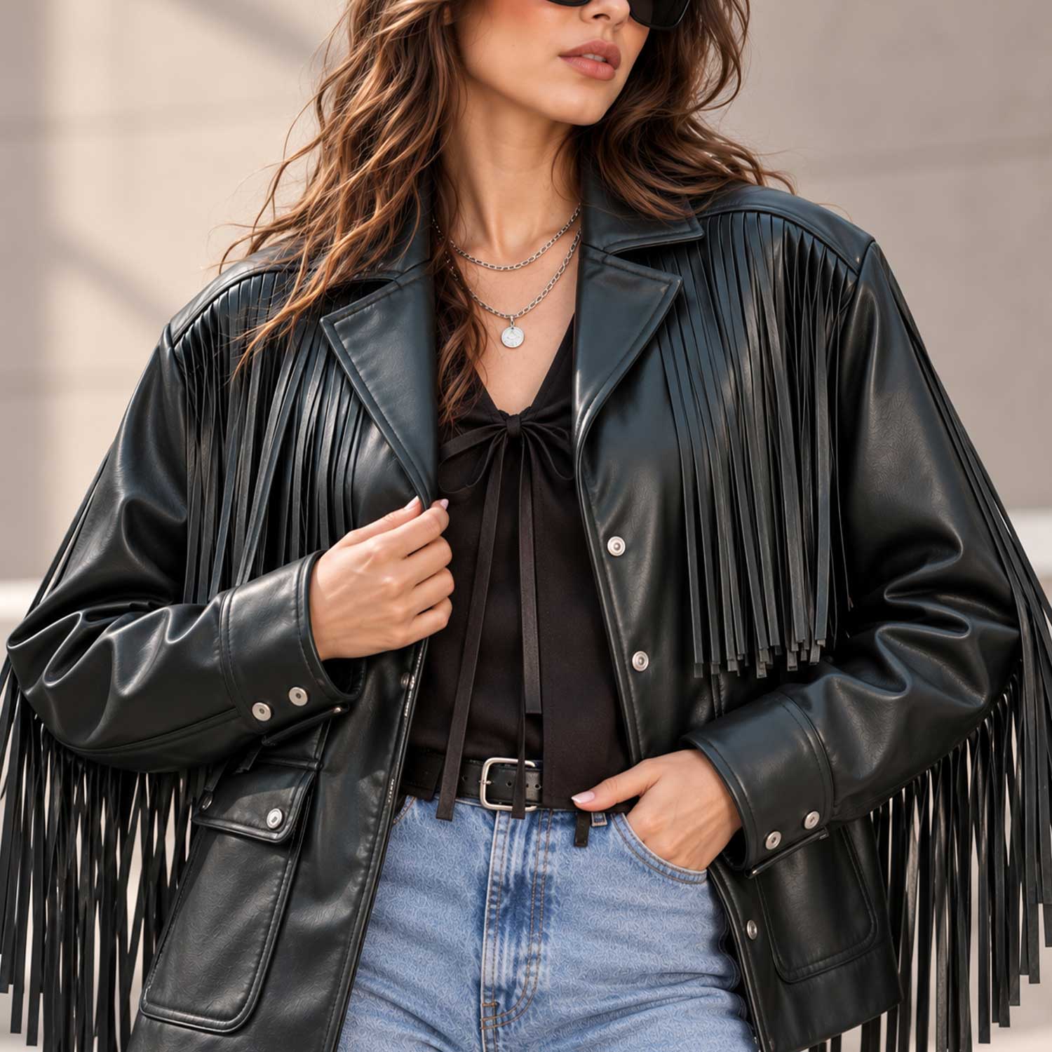 fringe jacket
leather fringe
womens leather
western jacket
black leather
leather jacket
fringe leather
cowboy jacket
western leather
womens jacket
button jacket
leather outerwear
fringe coat