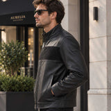 mens leather jacket
sheepskin jacket
black leather
mens sheepskin
stand collar
suede panel
mens black jacket
zip leather jacket