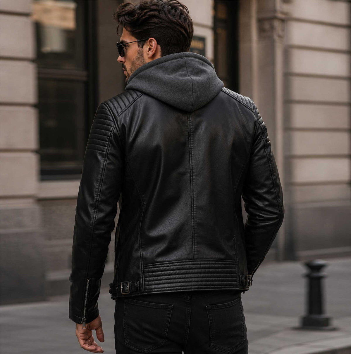 SaltCo Veyrano Black Shearling Leather Hooded Biker Jacket for Men