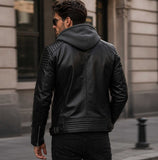 SaltCo Veyrano Black Shearling Leather Hooded Biker Jacket for Men