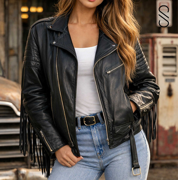 Black Fringe Tassel Vintage Leather Biker Jacket