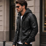 SaltCo Veyrano Black Shearling Leather Hooded Biker Jacket for Men