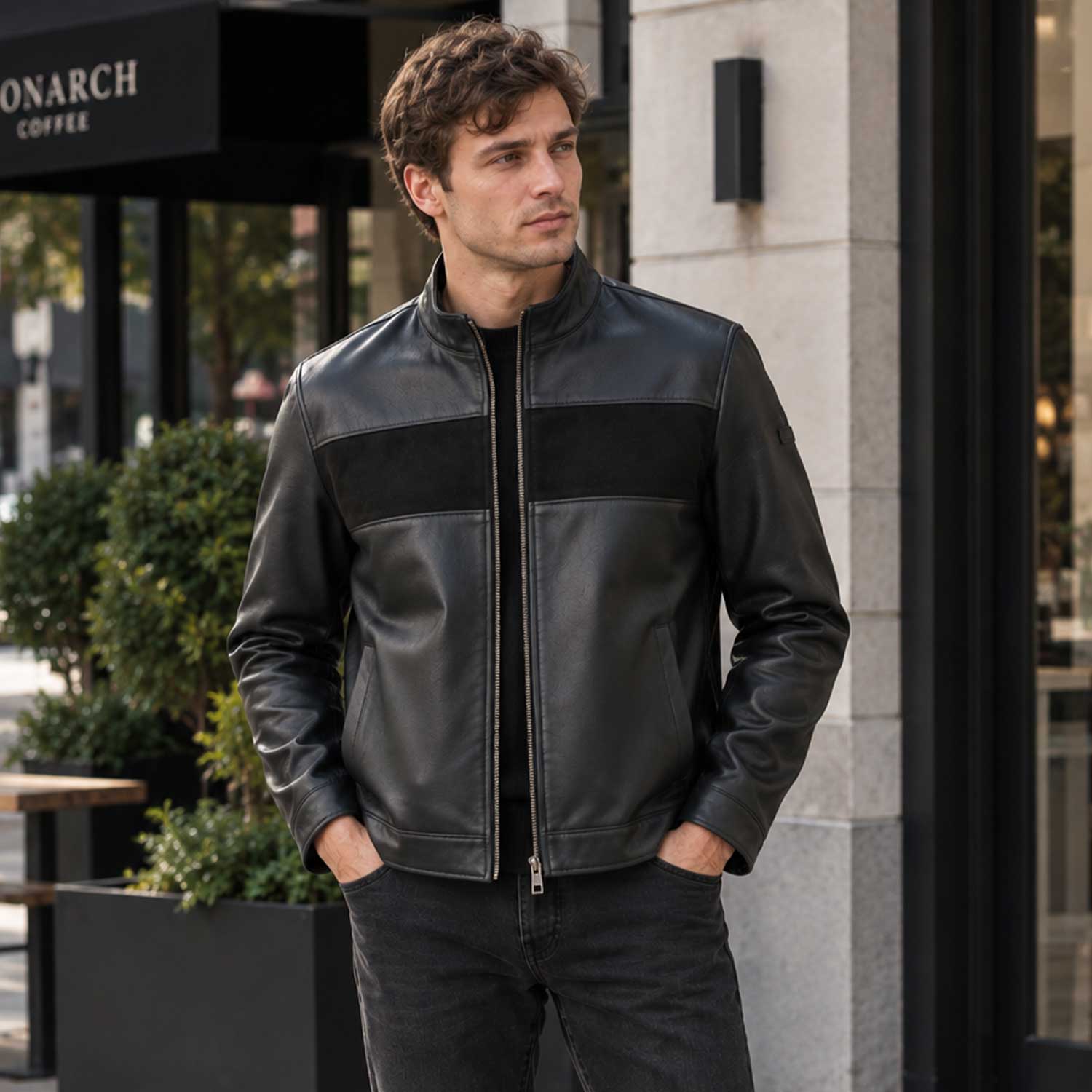mens leather jacket
sheepskin jacket
black leather
mens sheepskin
stand collar
suede panel
mens black jacket
zip leather jacket