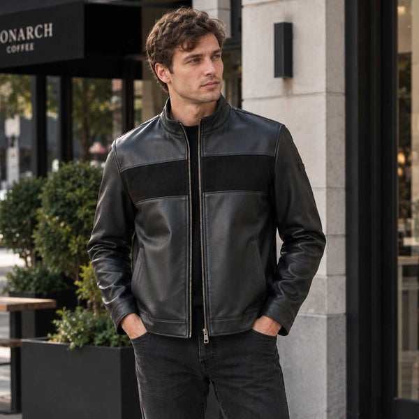 mens leather jacket
sheepskin jacket
black leather
mens sheepskin
stand collar
suede panel
mens black jacket
zip leather jacket