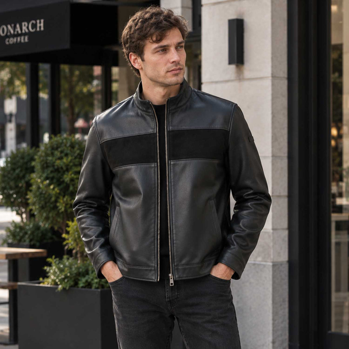 mens leather jacket
sheepskin jacket
black leather
mens sheepskin
stand collar
suede panel
mens black jacket
zip leather jacket