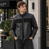 mens leather jacket
sheepskin jacket
black leather
mens sheepskin
stand collar
suede panel
mens black jacket
zip leather jacket