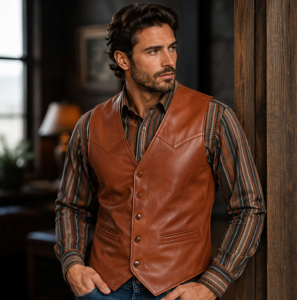 Men’s Vintage Leather Vest – Genuine Leather Biker & Western Waistcoat Brown / 4XL